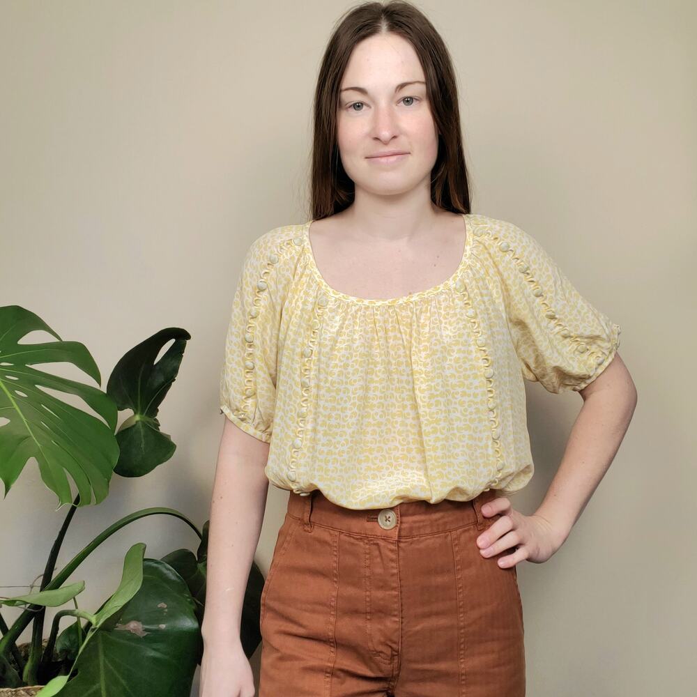 Vintage Y2K Moon Print Silk Blouse Yellow White Medium